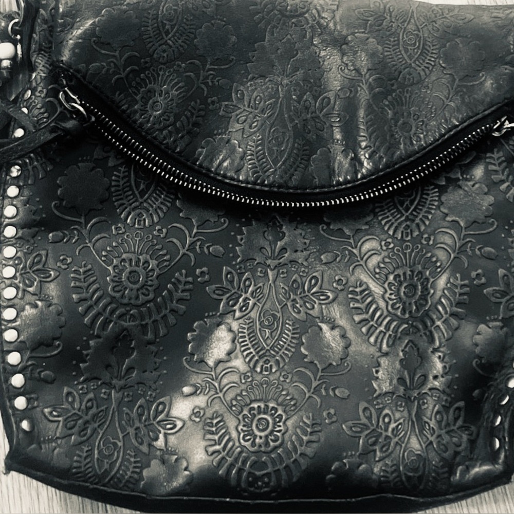The Sac LEATHER Black Embossed Crossbody Bag